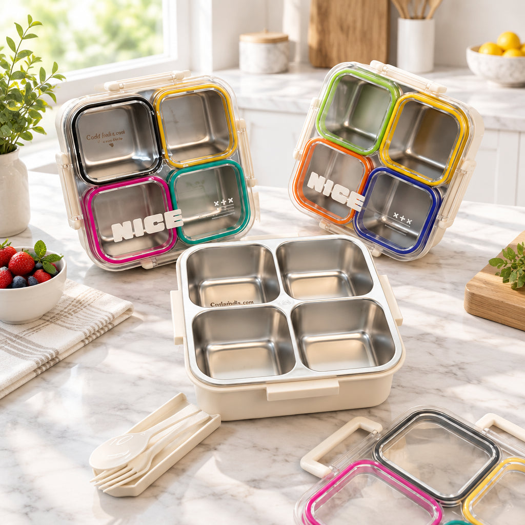 304 Stainless Steel 4 Compartment Lunch Box with Cutlery Storage