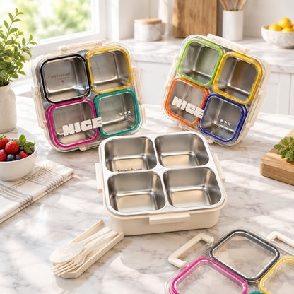 304 Stainless Steel 4 Compartment Lunch Box with Cutlery Storage