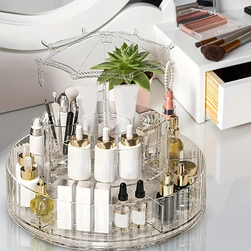 Umbrella Makeup Organizer – Transparent 360° Rotating Cosmetic Storage Box