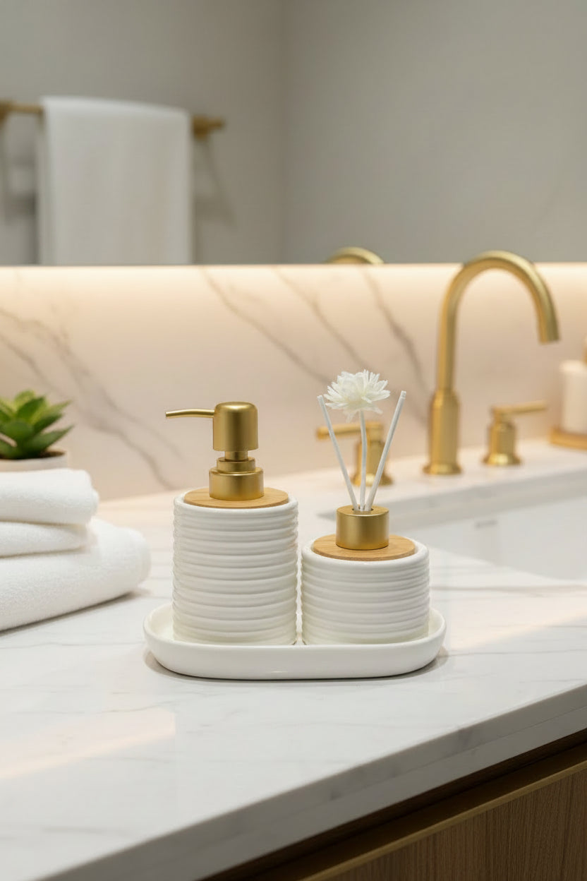 Luxury 3-Piece Porcelain Bathroom Accessory & Reed Diffuser Set