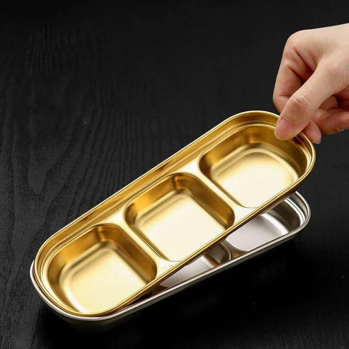 3-Compartment Stainless Steel Sauce & Condiment Tray (Golden) - My Store