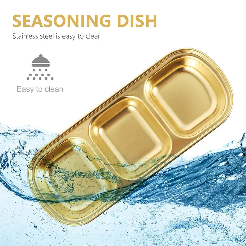 3-Compartment Stainless Steel Sauce & Condiment Tray (Golden) - My Store