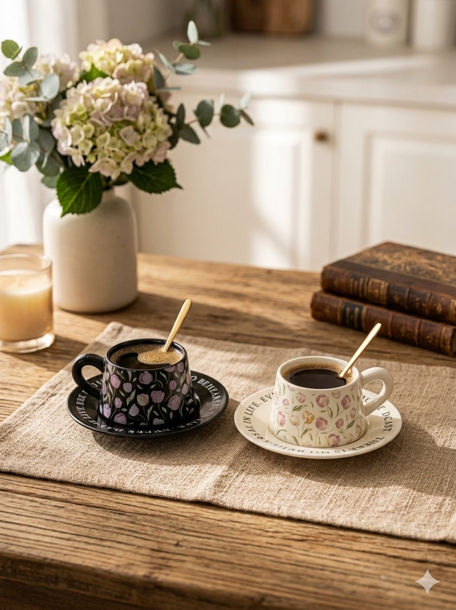 French Vintage Floral Tulip Ceramic Coffee Cup & Saucer Set – 230ml