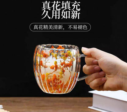 🌸 Double Wall Glass Mug with Dried Flowers (450ml)