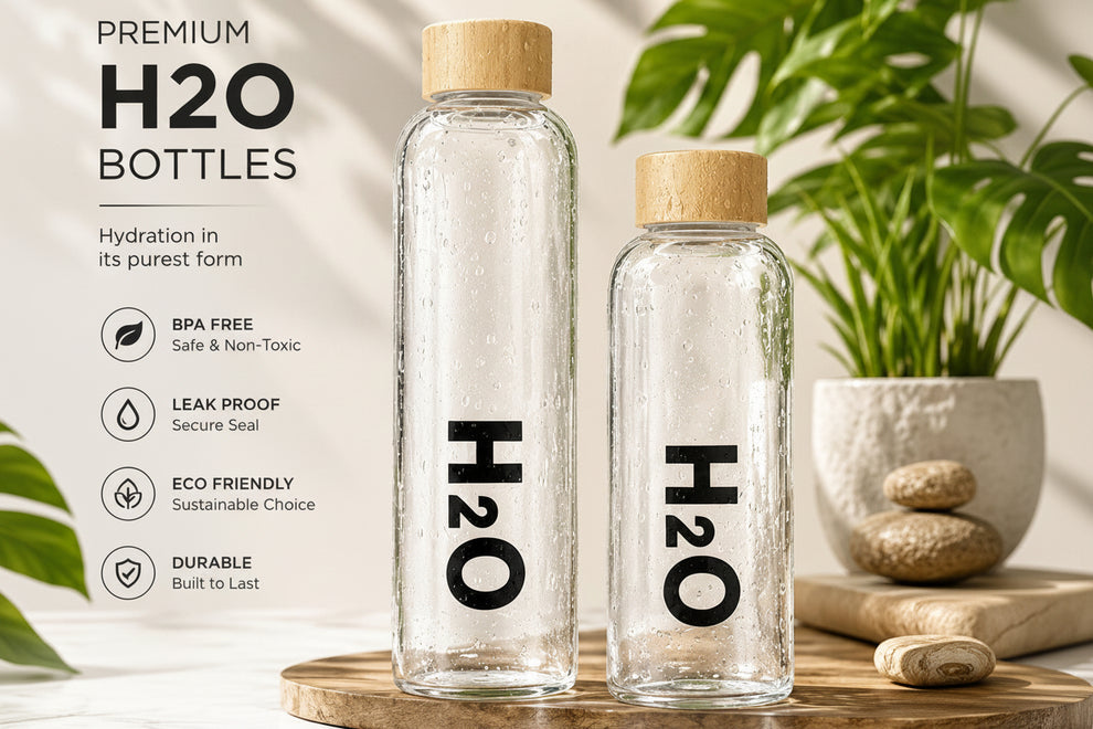 H2O Premium Borosilicate Glass Water Bottle with Bamboo Lid