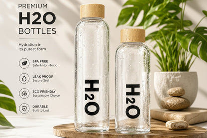 H2O Premium Borosilicate Glass Water Bottle with Bamboo Lid