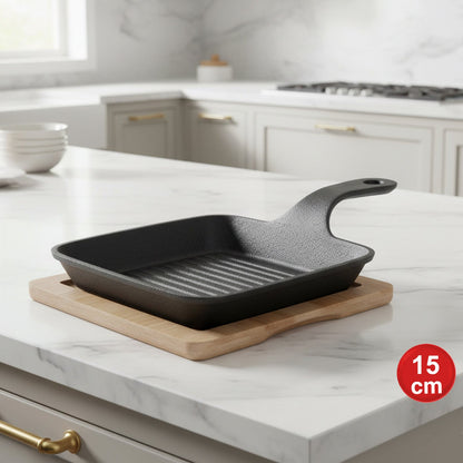 Danny Home Premium Cast Iron Square Griddle Pan with Wooden Base (15cm) - My Store