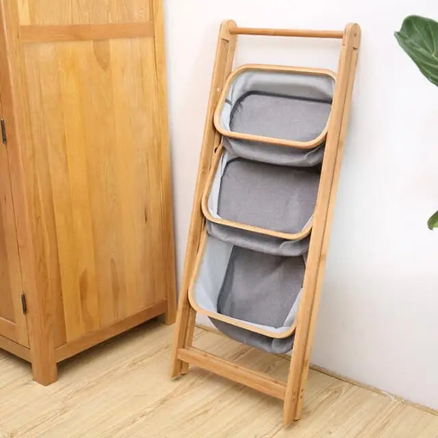 2/3-Tier Natural Bamboo Storage Rack with Fabric Baskets – Foldable & Multi-Purpose
