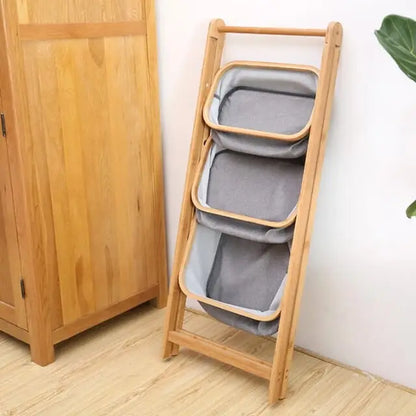2/3-Tier Natural Bamboo Storage Rack with Fabric Baskets – Foldable & Multi-Purpose