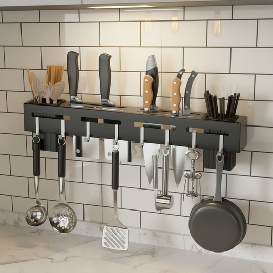 Multi-Functional Wall-Mounted Kitchen Knife Rack & Utensil Organizer – Stainless Steel