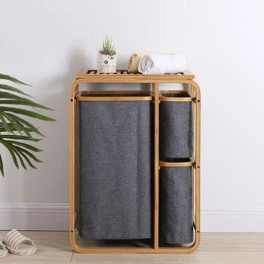 Multi-Tier Bamboo Laundry Sorter with Shelf