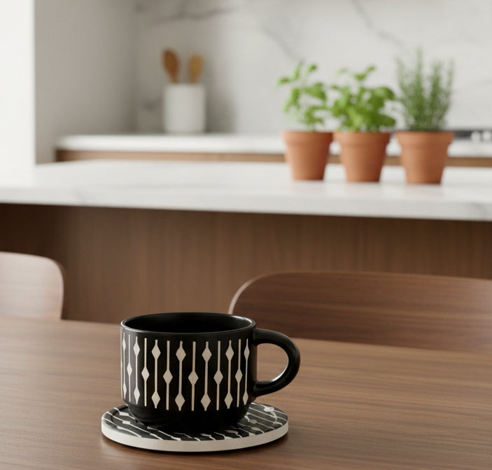 Danny Home™ Embossed Ceramic Tea Cup & Saucer 6 pcs Set – 230ml