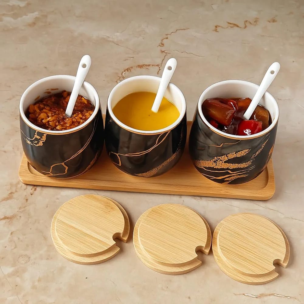 Premium Grey Aurora Marble Ceramic Condiment Jar Set – 3 Pieces (350ml Each)