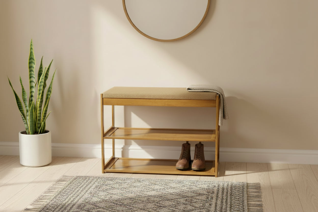 Modern Wooden Shoe Rack Bench with Cushion Seat (3-Tier) - My Store