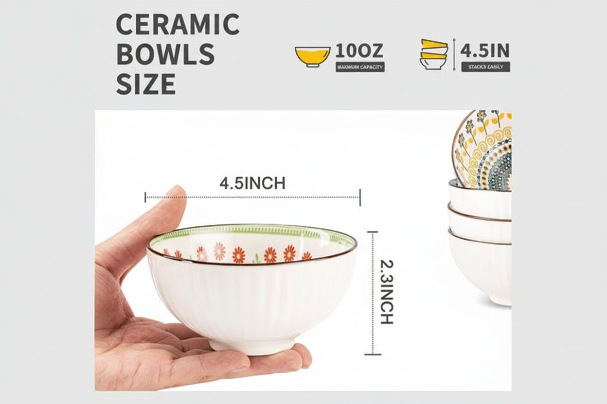 Japanese-Style Ceramic Bowl Set (Floral Design)