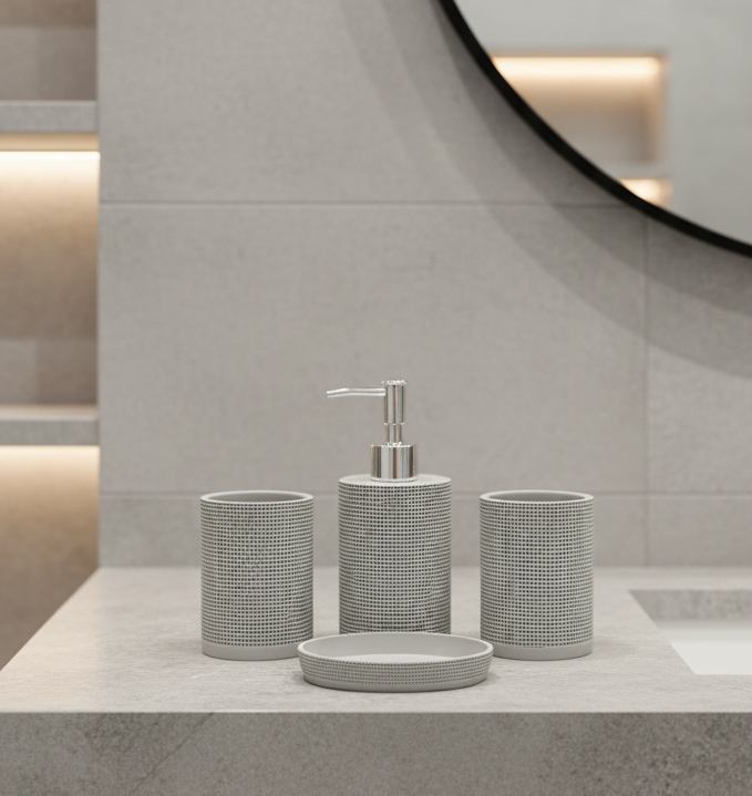 Aesthetic 4-Piece Woven Texture Bathroom Accessory Set