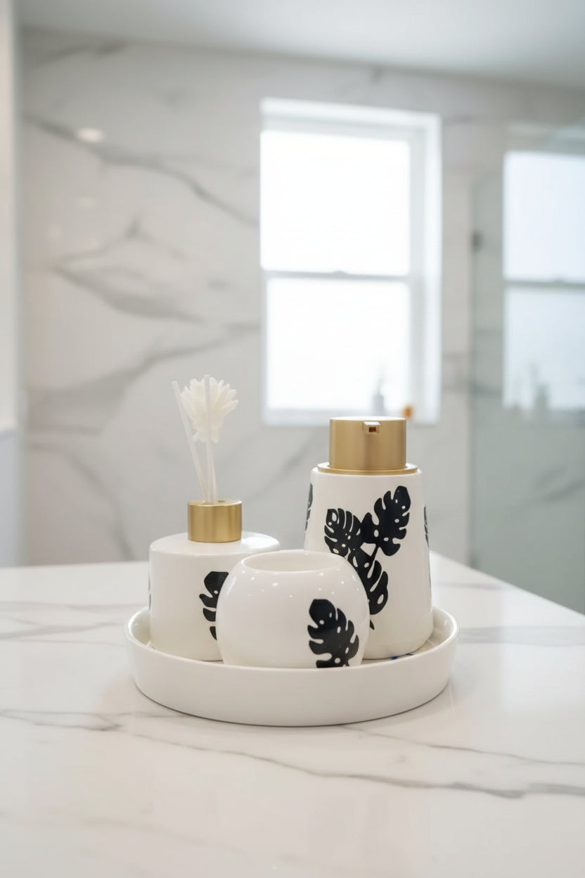 Monstera Ceramic Bathroom & Aroma Vanity Set (BP-14)