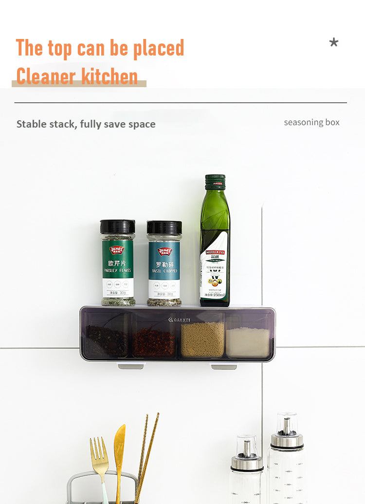 Wall-Mounted 4-Compartment Seasoning Box | No-Drill Kitchen Spice Organizer