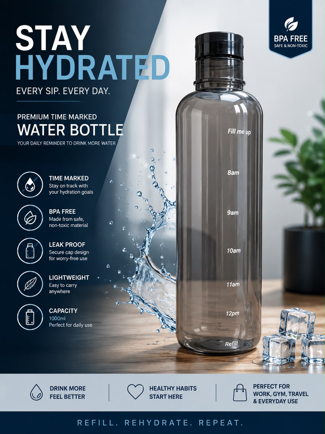 Time-Marked Acrylic Water Bottle – 1000ml