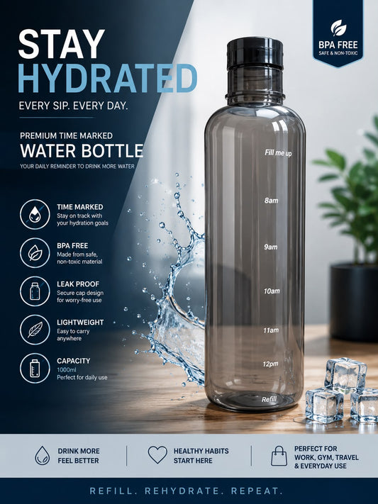 Time-Marked Acrylic Water Bottle – 1000ml