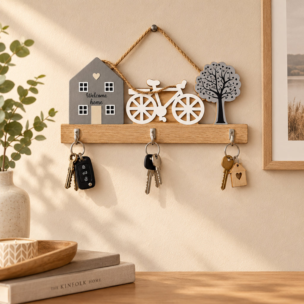Rustic Wooden “Welcome Home” House & Bicycle Key Holder