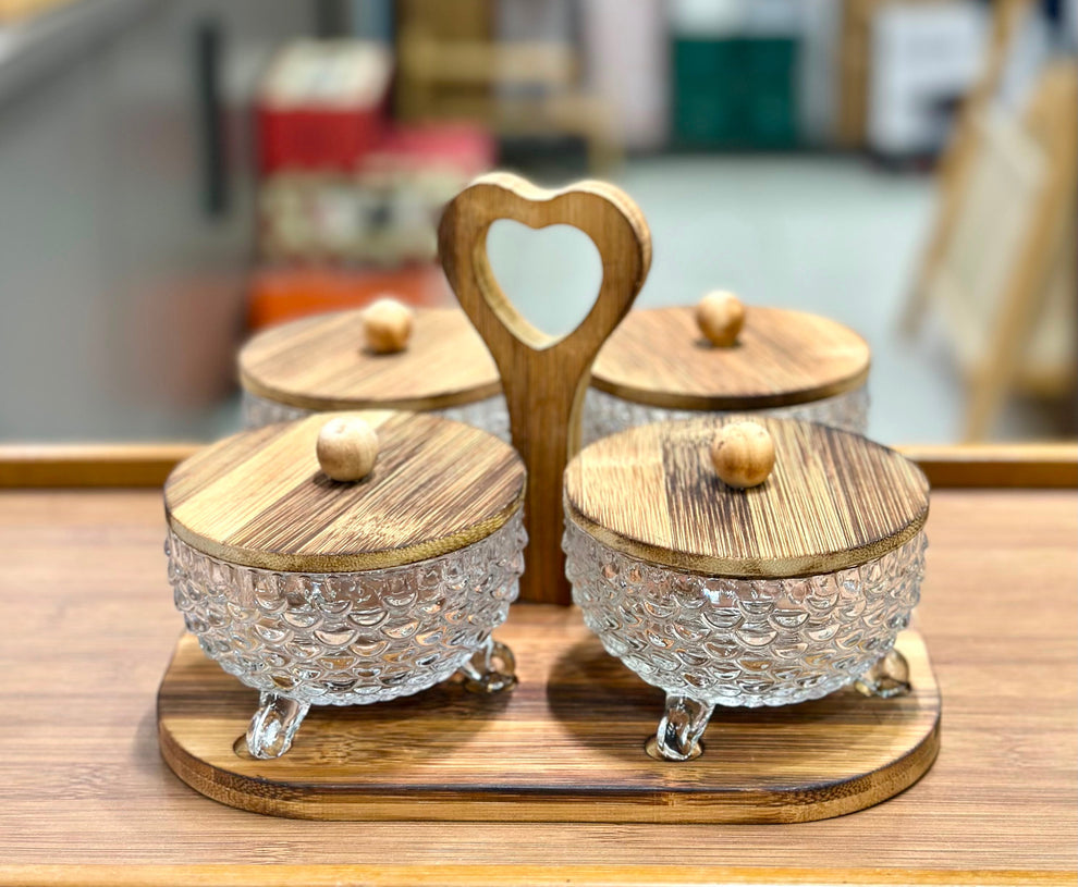 Crystal Glass Condiment Jar Set with Wooden Heart Caddy (4-Piece)