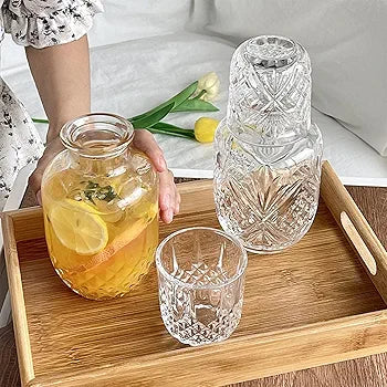 Danny Home Vintage Embossed Glass Bedside Carafe Set with Cup – 600ml