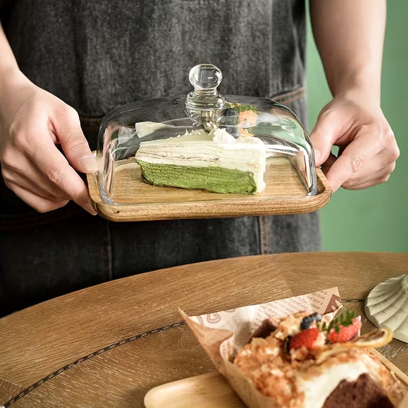 Premium Glass Cake Plate with Wooden Base - My Store