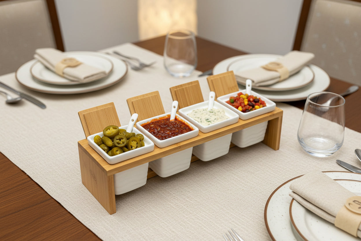4-Piece Ceramic Condiment Set with Bamboo Stand - My Store