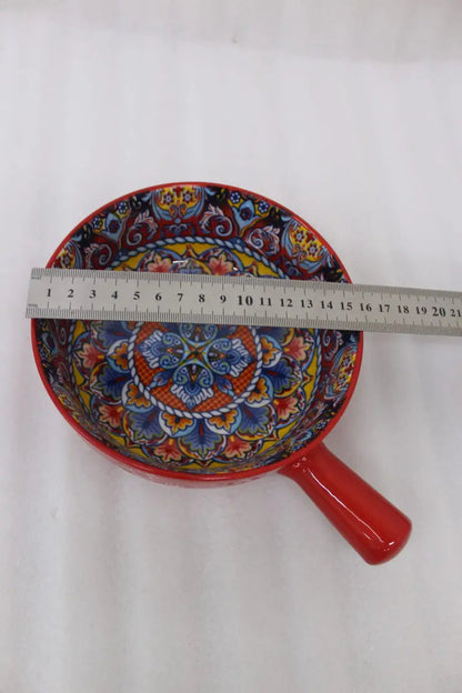 Red Bohemian Ceramic Handled Soup & Noodle Bowl – 6 Inch