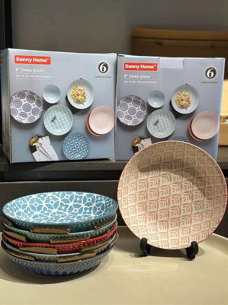 Danny Home 8" Ceramic Deep Plate Set – Mix & Match (Set of 6) - My Store