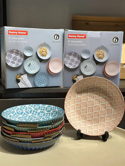 Danny Home 8" Ceramic Deep Plate Set – Mix & Match (Set of 6) - My Store
