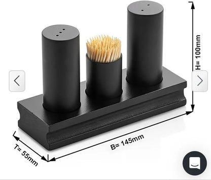Modern Matte Black Marble Salt & Pepper Shaker Set with Toothpick Holder & Wooden Base