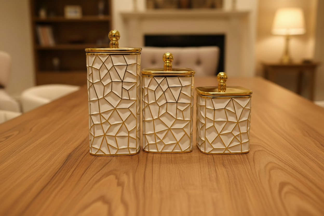 3-Piece Geometric Airtight Storage Jar Set (Luxury White & Gold) - My Store