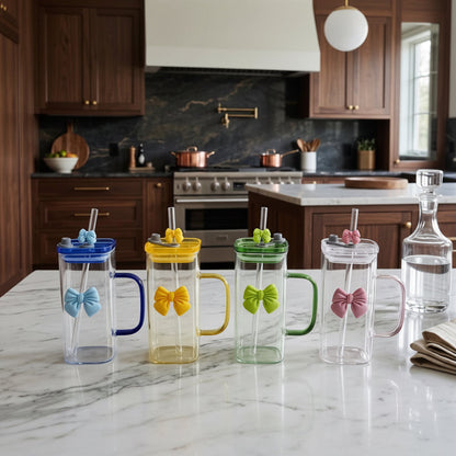 Premium Glass Tumbler with Airtight Lid, Handle & Glass Straw