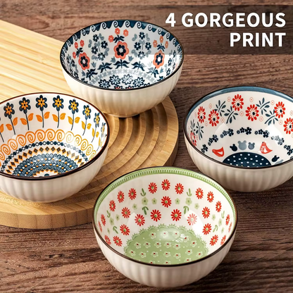 Japanese-Style Ceramic Bowl Set (Floral Design)