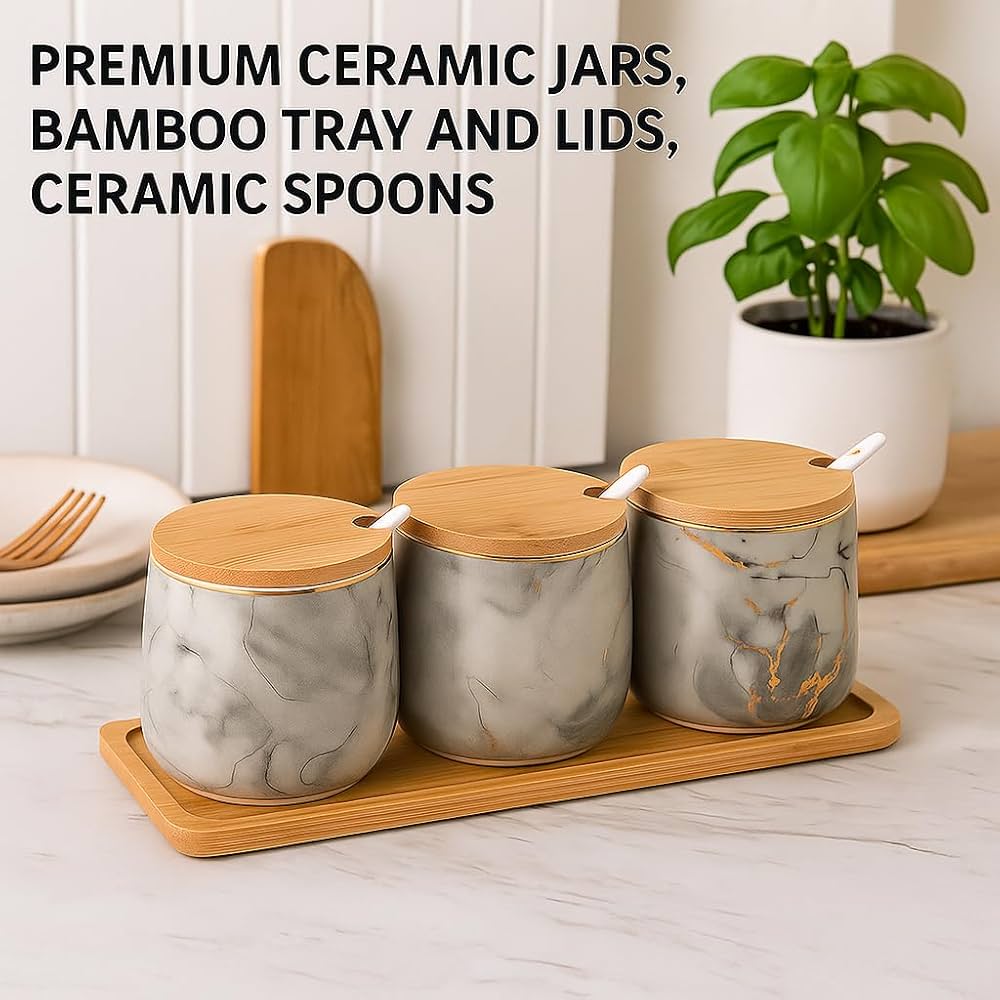 Premium Grey Aurora Marble Ceramic Condiment Jar Set – 3 Pieces (350ml Each)