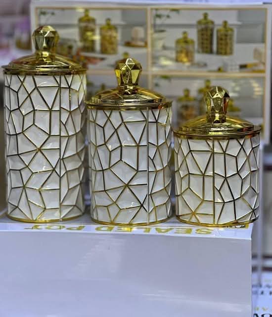 3 Pcs Geometric Luxury Airtight Jar Set – White & Gold - My Store