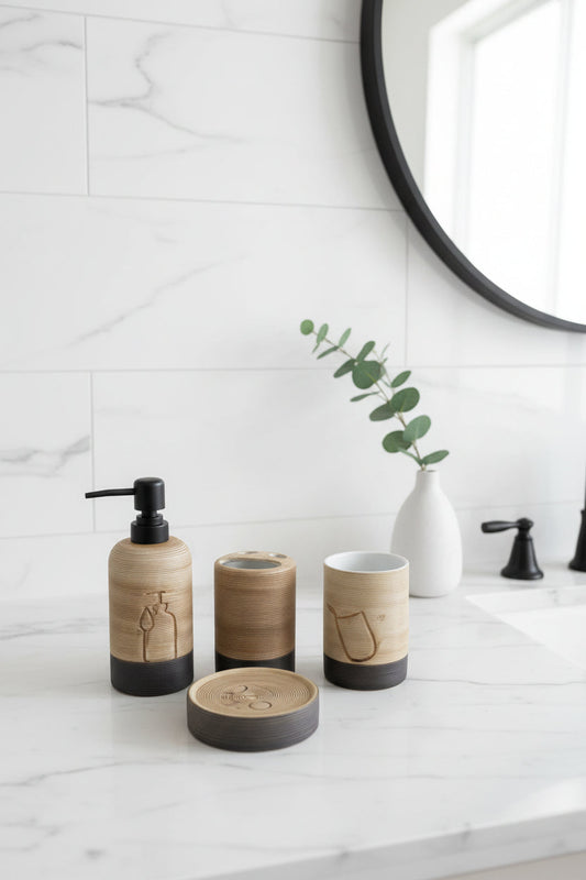 Minimalist Ribbed Ceramic Bathroom Accessory Set (4-Piece)