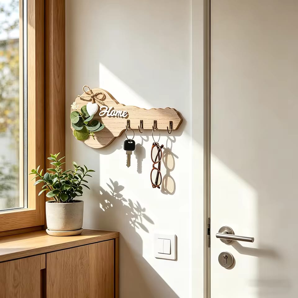 Aesthetic Key-Shaped Wooden Wall Key Holder with 4 Hooks
