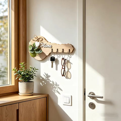 Aesthetic Key-Shaped Wooden Wall Key Holder with 4 Hooks