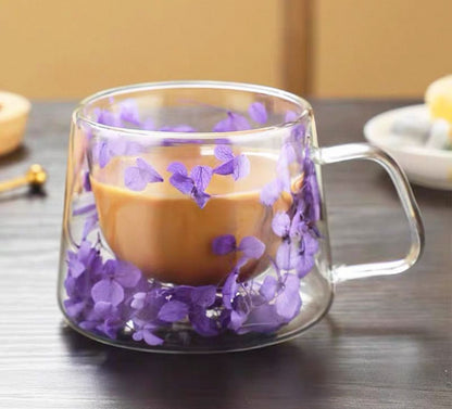 🌸 Double Wall Glass Mug with Dried Flowers (450ml)