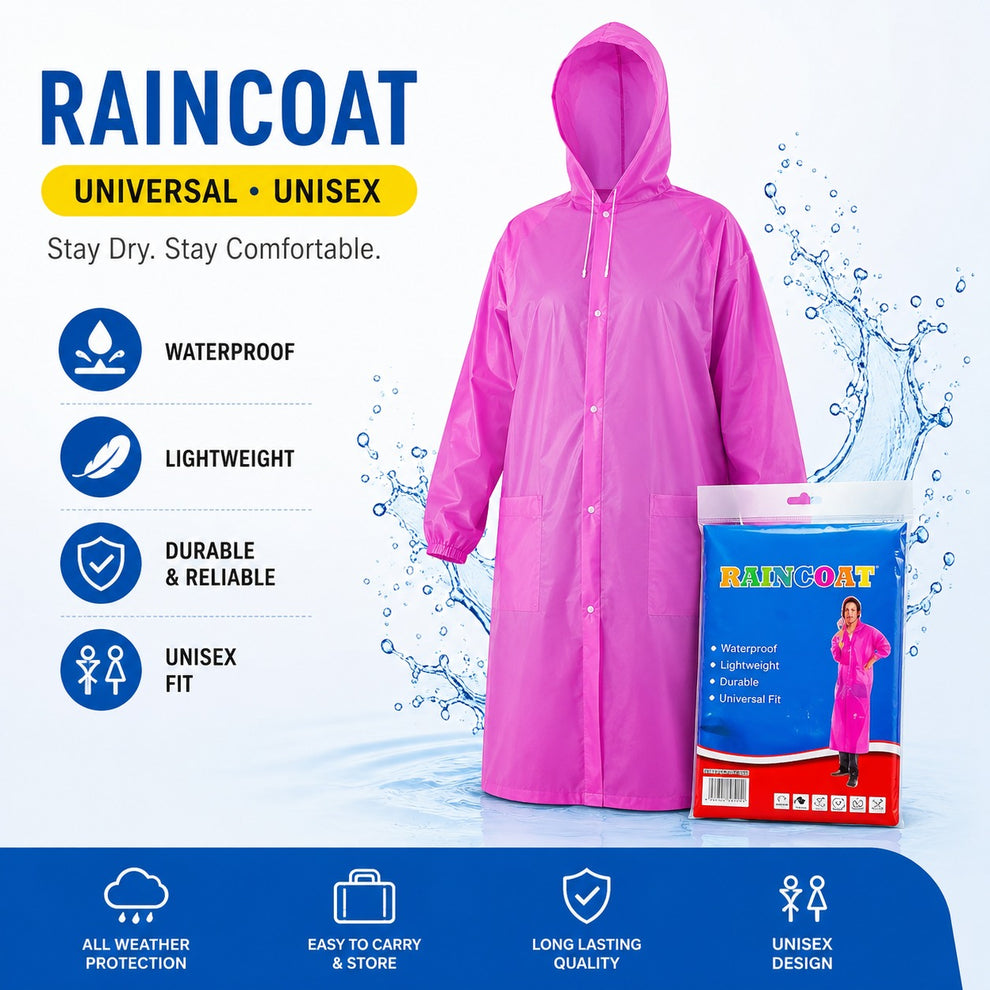 Unisex Lightweight Reusable Waterproof Pocket Raincoat with Hood & Drawstring