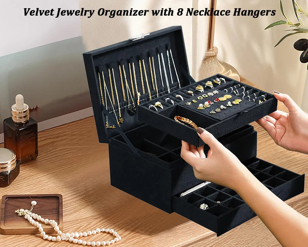 Premium Velvet Jewelry Organizer Box – 3 Layer with Lock - My Store