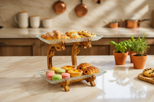 2-Tier Crystal Glass Serving Tray with Decorative Wooden Stand