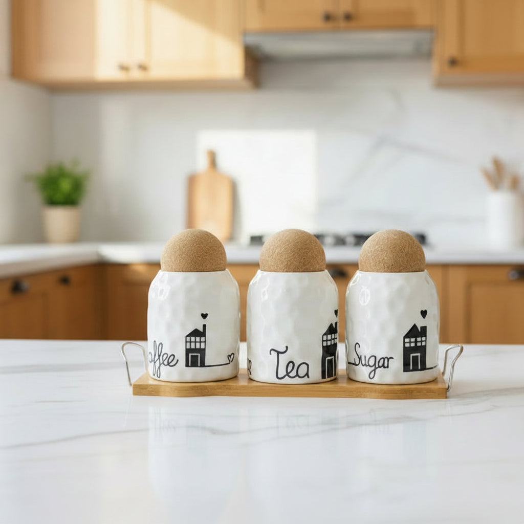 Ceramic Tea, Coffee & Sugar Canister Set (3 Pcs) with Wooden Tray - My Store