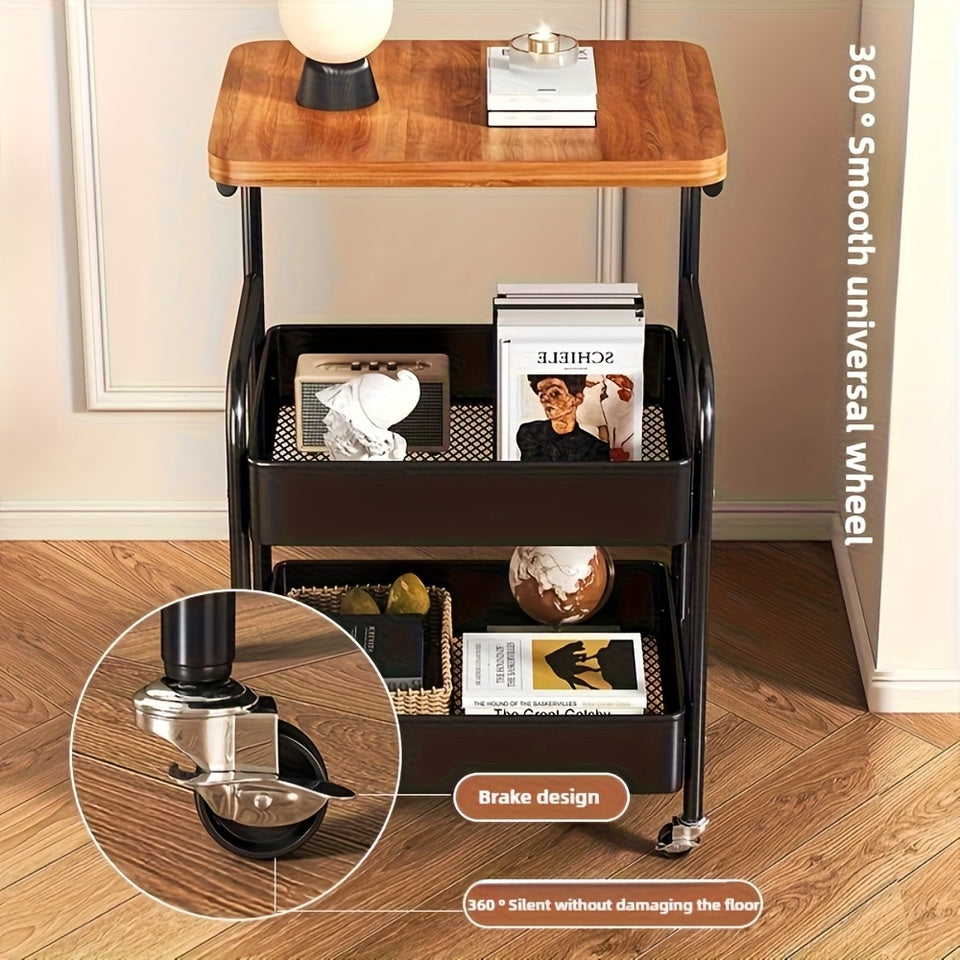 3-Tier Rolling Utility Cart with MDF Wooden Top & Mesh Storage Baskets