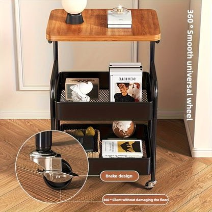 3-Tier Rolling Utility Cart with MDF Wooden Top & Mesh Storage Baskets
