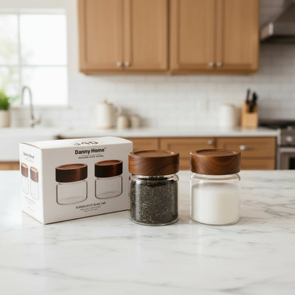 Danny Home Premium Borosilicate Glass Storage Jar Set (2 Pcs) – 340ml | Acacia Wood Lid
