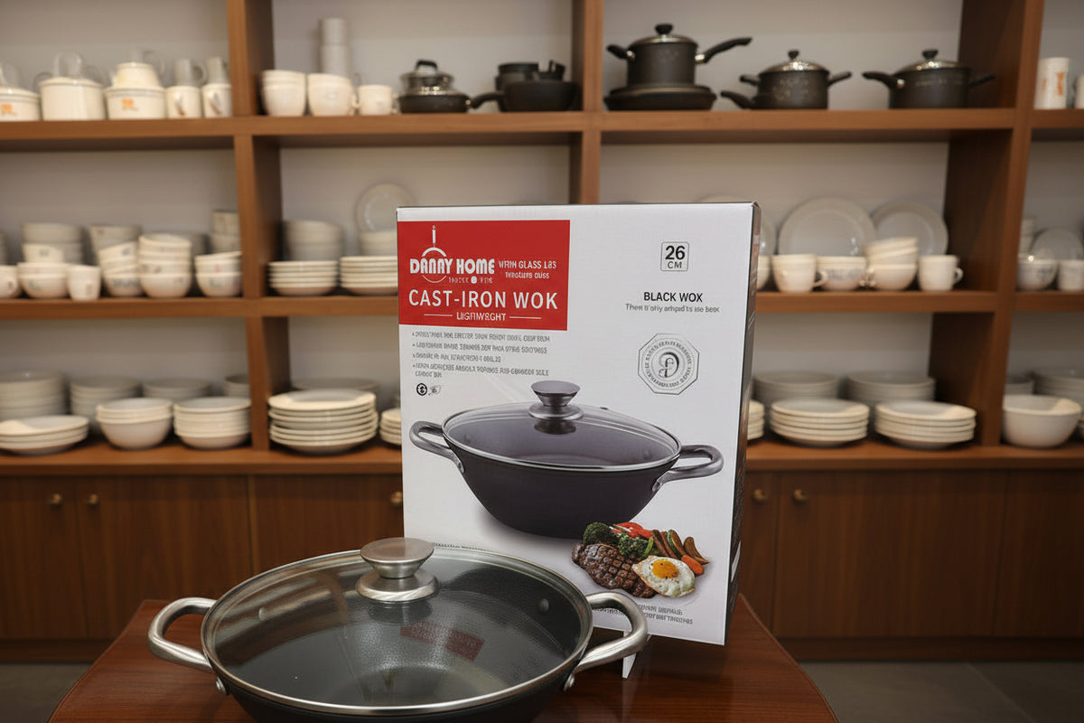 DannyHOME Premium Lightweight Cast-Iron Wok Casserole with Glass Lid